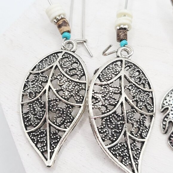 2 Drop Dangle Leaf Earrings Silver Tone Boho Bohemian 2.75" Large Hooks EUC - Picture 3 of 5